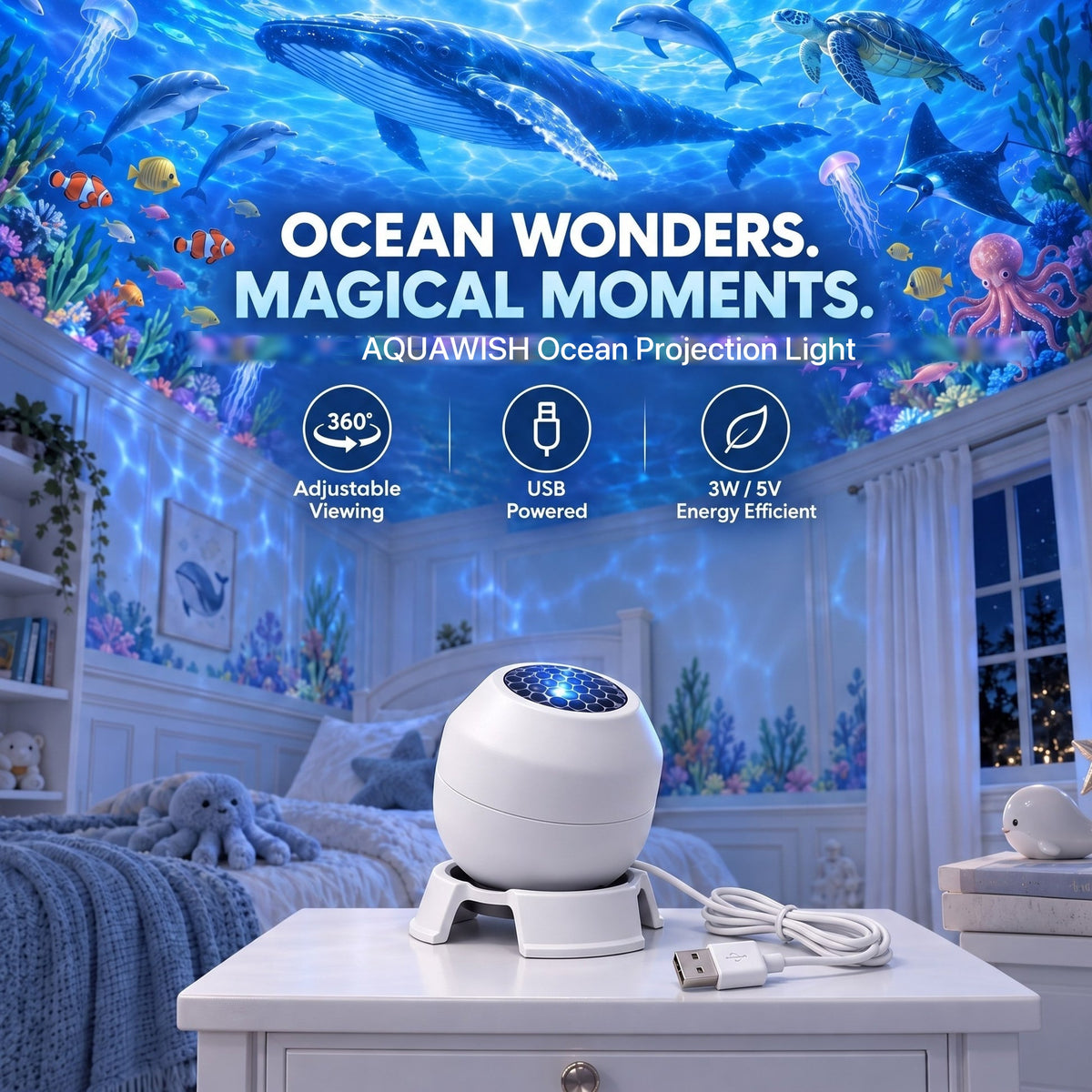 AquaWish ocean projection light on a nightstand, whales and turtles across the ceiling