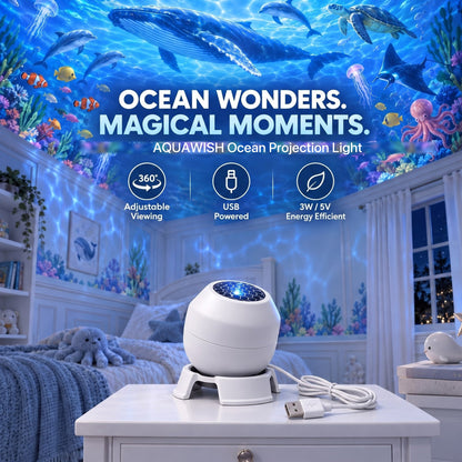 AquaWish ocean projection light on a nightstand, whales and turtles across the ceiling