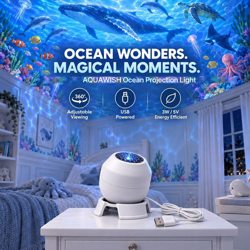 AquaWish ocean projection light on a nightstand, whales and turtles across the ceiling