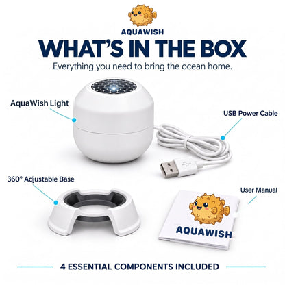 What's in the box: AquaWish light, USB power cable, 360 degree adjustable base and user manual