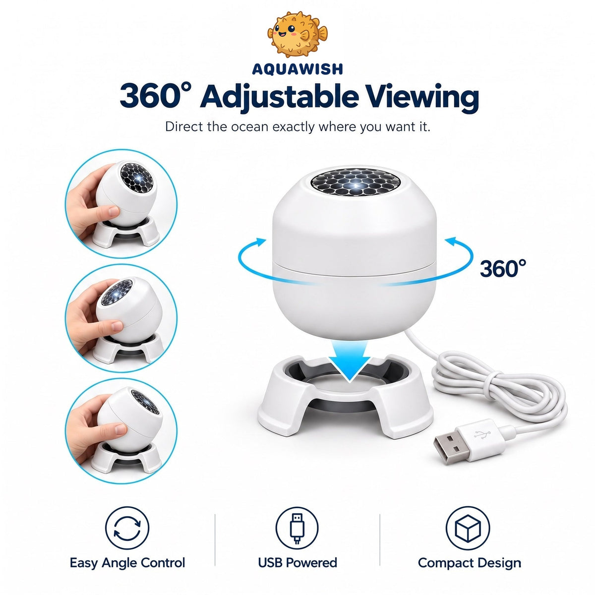360 degree adjustable viewing, aim the AquaWish light at the ceiling or a wall