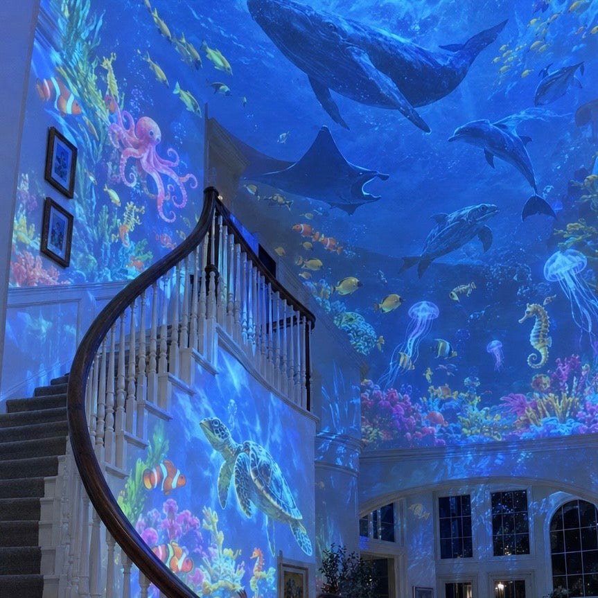 Ocean scene projected across a double-height staircase
