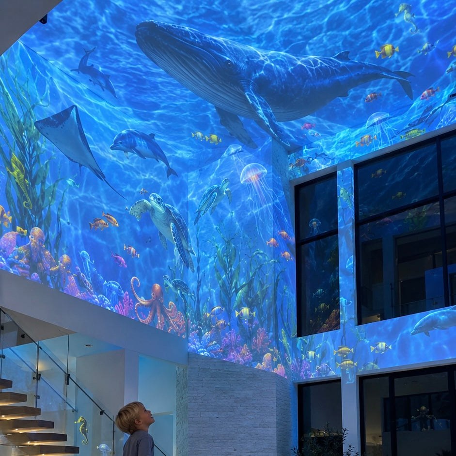 Ocean scene projected across a living room ceiling and walls