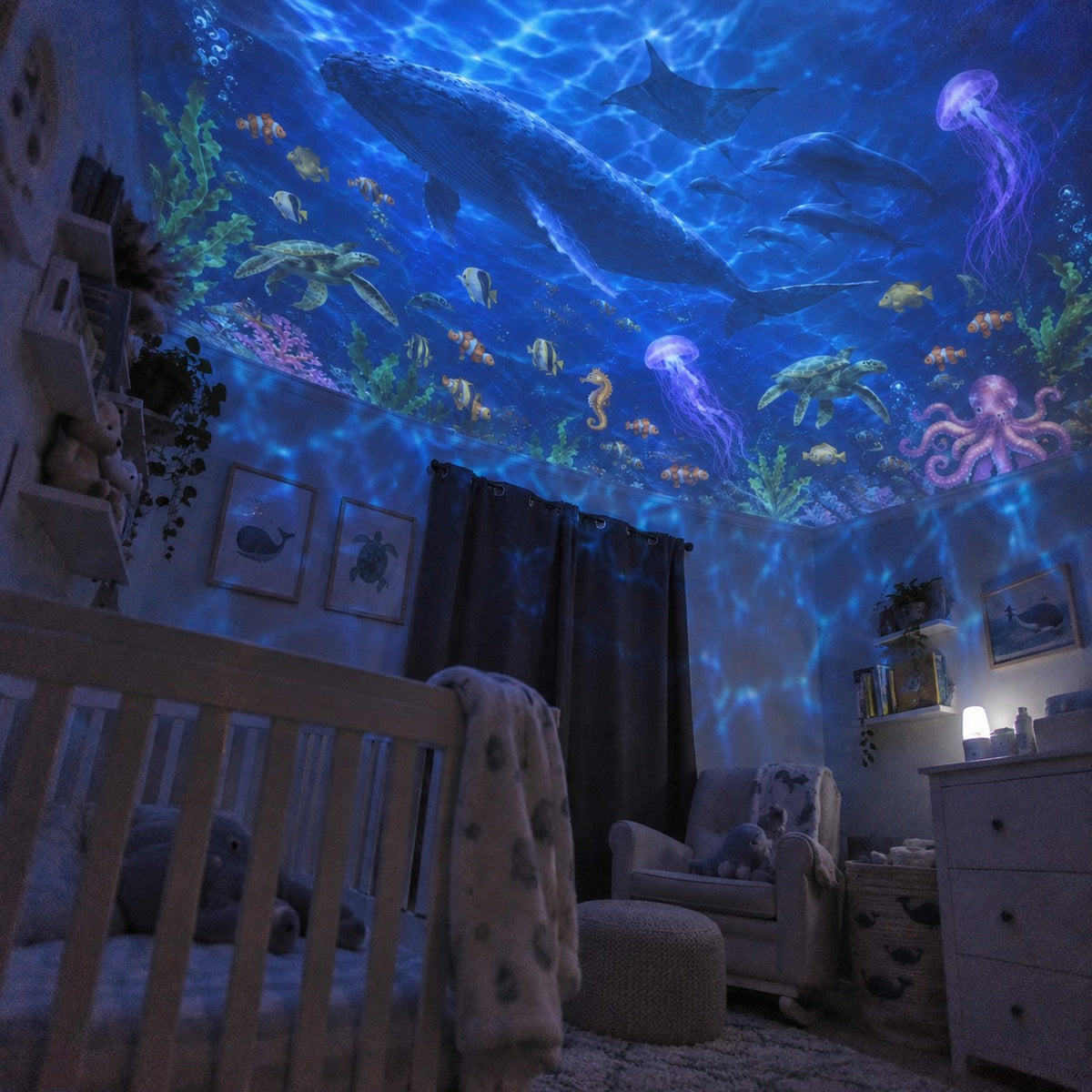 Nursery with an ocean scene across the ceiling